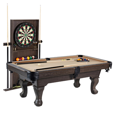 7.5 Ft Billiard Pool Table with Cue Rack, Dartboard, and Game Accessories, Tan
