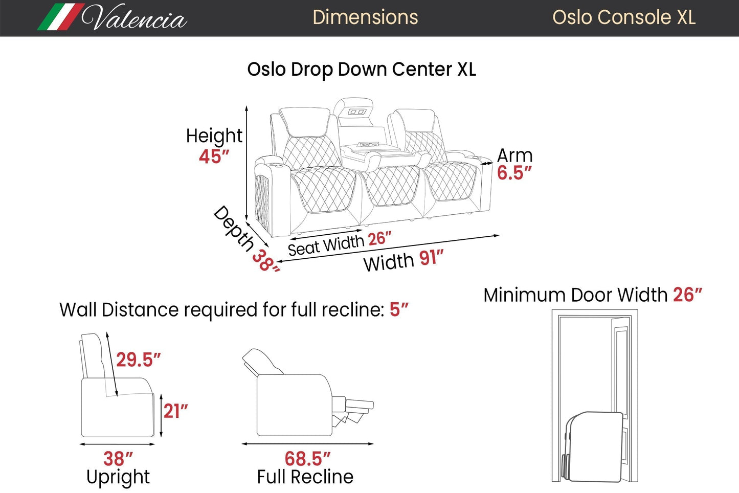 Valencia Oslo XL Console Luxury Italian Leather Theater Seating