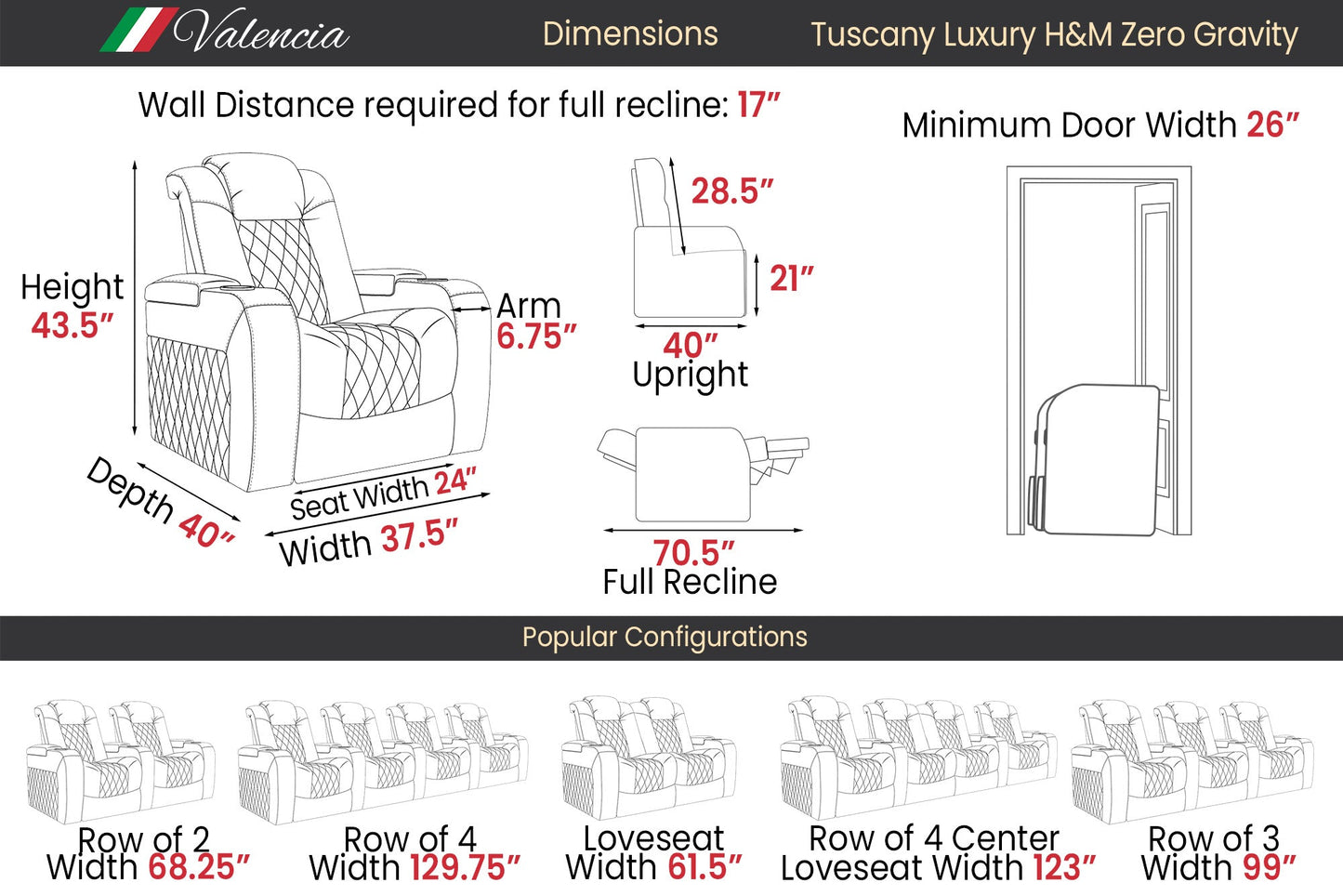Valencia Tuscany Luxury Float™ Zero Gravity Heat &amp; Massage Theater Seating (2025 Edition)