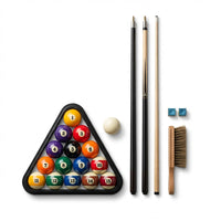 Pool Table Billiard Accessory Kit with Cues, Rack, Chalk, Brush — Studio Shot